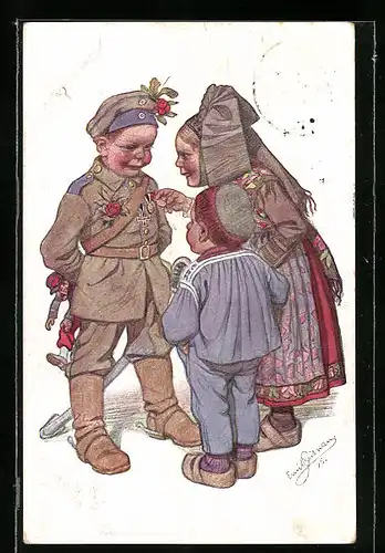 Künstler-AK Emil Beithan: Heimkehrender Soldat wird von Frau und Sohn bewundert