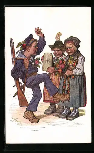 Künstler-AK Emil Beithan: Mädchen in Tracht und tanzender Matrose