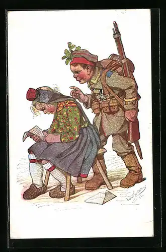 Künstler-AK Emil Beithan: Heimkehrender Soldat überrascht seine kleine Hessenfreundin