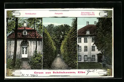 AK Schönhausen a. Elbe, Parkhäuschen, Parkpartie, Geburtshaus Bismarck