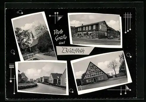 AK Bützfleth, Kaufhaus Engel, Gasthaus, Kirche