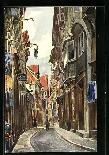 Künstler-AK Hildesheim, Judenstrasse mit Geschäften