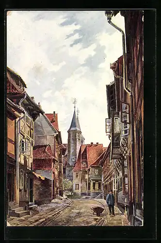 Künstler-AK Hildesheim, Hinterer Brühl nach der Godehardikirche gesehen