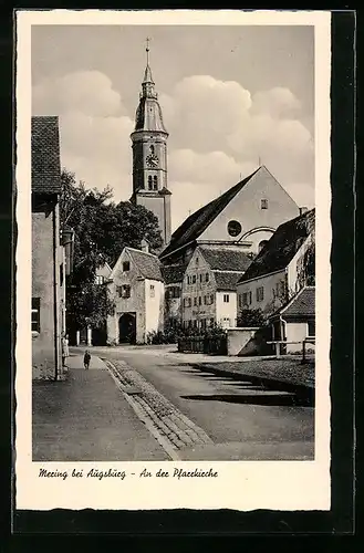 AK Mering bei Augsburg, an der Pfarrkirche mit Bäckerei