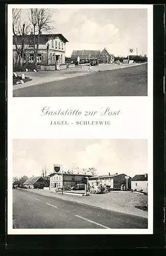 AK Jagel-Schleswig, Gasthaus Zur Post, Tankstelle B.P.