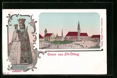 Künstler-AK Alt-Ötting, Gebäudeansichten mit leuchtenden Fenstern und Gnadenbild