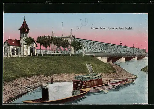 AK Kehl /Rhein, Neue Rheinbrücke mit leuchtenden Fenstern