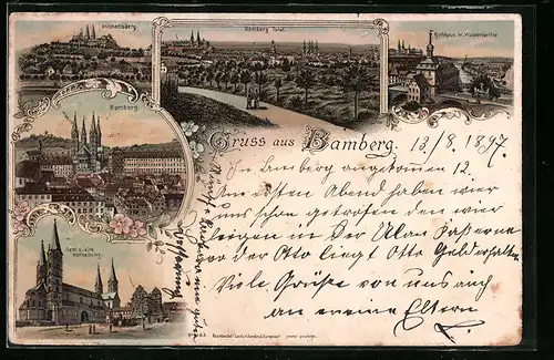 Lithographie Bamberg, Michaelsberg, Totalansicht, Rathhaus, Dom und alte Hofhaltung