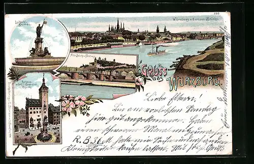 Lithographie Würzburg, Luitpold-Brunnen, Rathaus mit Graf Eckardts.Thurm, Alte Brücke und Festung