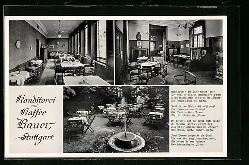 AK Stuttgart, Konditorei und Kaffee Bauer, Springbrunnen im Garten