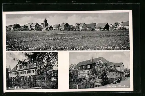 AK Würzburg, Totalansicht, Schloss Eulbach, Gasthaus z. Römerburg