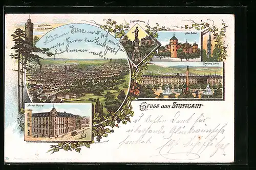 Lithographie Stuttgart, Hotel Royal, Altes Schloss, Eugens-Brunnen, Residenz-Schloss