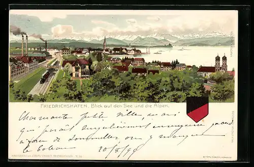 Lithographie Friedrichshafen, Blick auf See und Alpen, Wappen