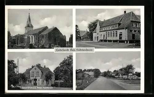 AK Ladelund / Südtondern, Geschäftshaus Peter Feddersen, Kirche, Teilansicht