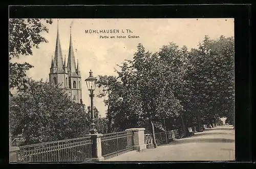 AK Mühlhausen i. Th., Partie am Hohen Graben mit Kirchtürmen
