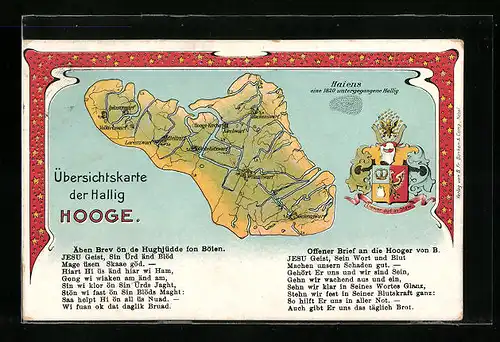 AK Hooge, Landkarte der Hallig, Wappen