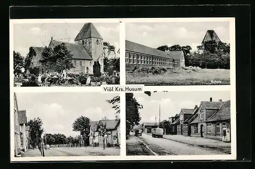 AK Viöl /Kr. Husum, Ortspartie mit Schule und Kirche