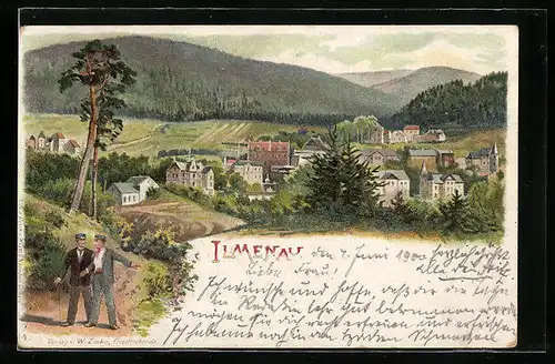 Lithographie Ilmenau, Spaziergänger vor den Toren der Stadt