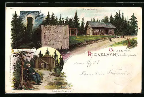 Lithographie Ilmenau, Kickelhahn, Goethe-Häuschen und Gabelbach