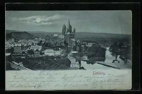 Mondschein-AK Limburg, Teilansicht der Stadt bei Vollmond