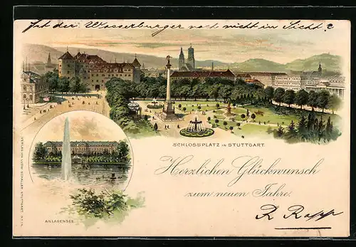 Lithographie Stuttgart, Schlossplatz, und Anlagensee