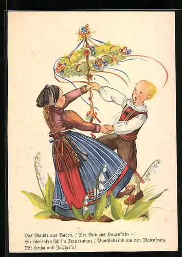 AK Kinder in Schwarzwälder Tracht tanzen um einen Maikranz