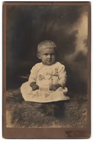 Fotografie C. Fettback, Salzwedel, Neuperverstrasse 28, Süsses Kleinkind im Kleid sitzt auf Fell