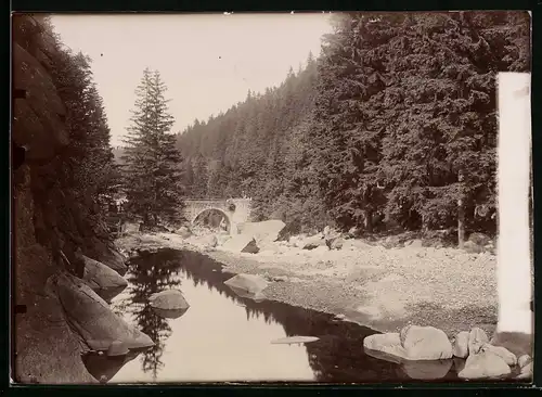 Fotografie Brück & Sohn Meissen, Ansicht Okertal i. Harz, Blick in das Tal mit alter Steinbrückea nd er Oker
