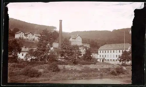 Fotografie Brück & Sohn Meissen, Ansicht Wilischtal, Blick in den Ort mit Fabrikschornstein, Spiegelverkehrt