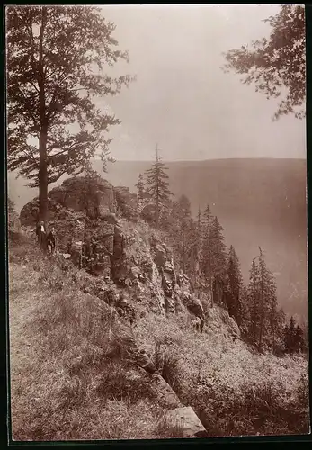 Fotografie Brück & Sohn Meissen, Ansicht Natschungtal, Wanderer an der Felsenpartie