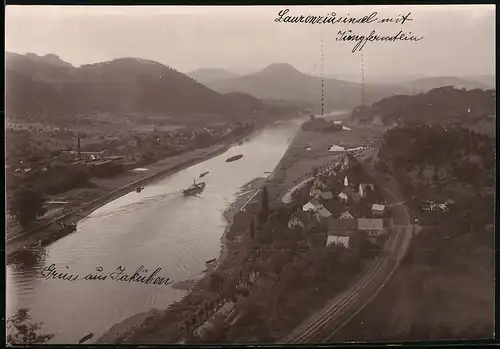 Fotografie Brück & Sohn Meissen, Ansicht Jakuben, Laurenziusinsel, Flusspartie & Eisenbahngleise