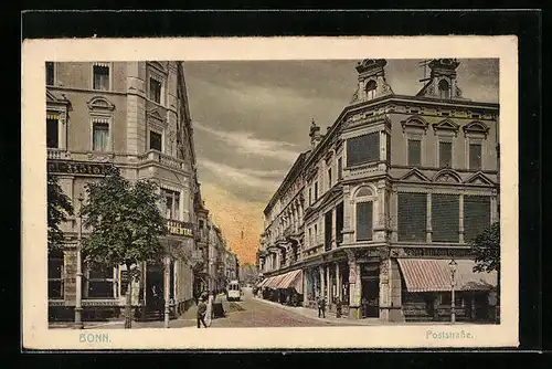 AK Bonn, Abendstimmung in der Poststrasse, Strassenbahn