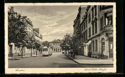 AK Landau, Strassenbahn in der Strasse