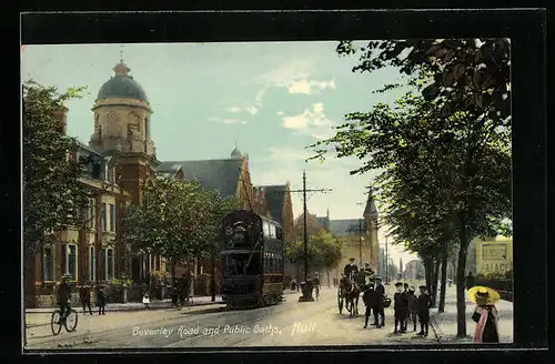 AK Hull, Beverley Road and Public Baths, Strassenbahn