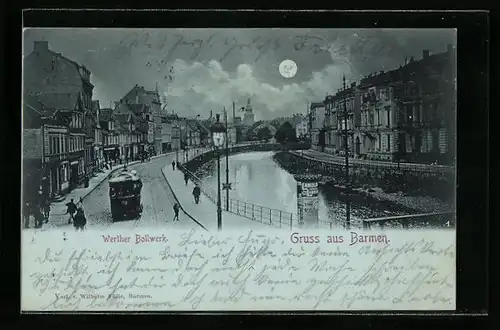 Mondschein-AK Barmen, Strasse Werther Bollwerk mit Strassenbahn und Litfasssäule