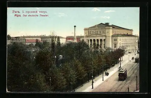 AK Riga, Strassenbahnen passieren das Deutsche Theater