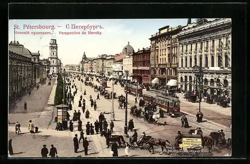 AK St. Pétersbourg, Perspective de Nevsky, Strassenbahnen und Passanten