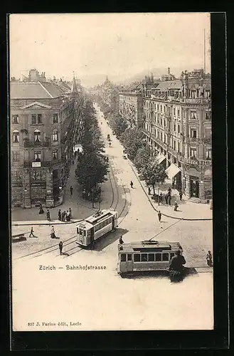 AK Zürich, Bahnhofstrasse mit Hotel National und Strassenbahnen