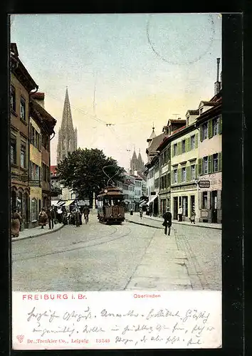 AK Freiburg i. Br., Strassenpartie Oberlinden mit Strassenbahn