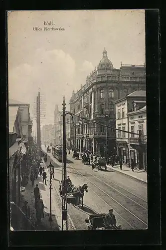 AK Lodz, Ulica Piotrkowska, Strassenbahn