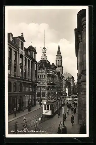 AK Kiel, Fleethörn und Rathausturm, Strassenbahnen