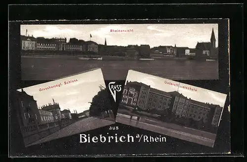 AK Biebrich a. Rhein, Rheinansicht, Grossherzogl. Schloss, Unteroffizierschule