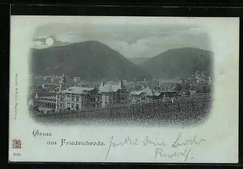 Mondschein-AK Friedrichroda, Totale mit Gebirgswand im Mondlicht