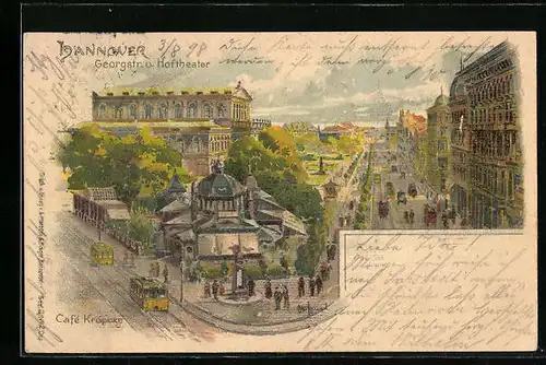 Lithographie Hannover, Café Kröpcke, Georgstrasse und Hoftheater