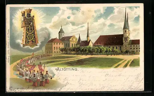 Lithographie Altötting, Kirche mit Prozession, Madonnenfigur