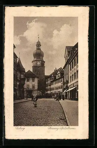 AK Coburg, Strassenpartie mit Geschäften und Steinweg-Spitalturm