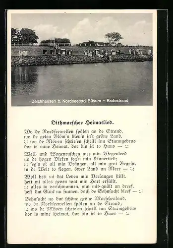 AK Deichhausen b. Büsum, Badestrand, Dithmarscher Heimatlied