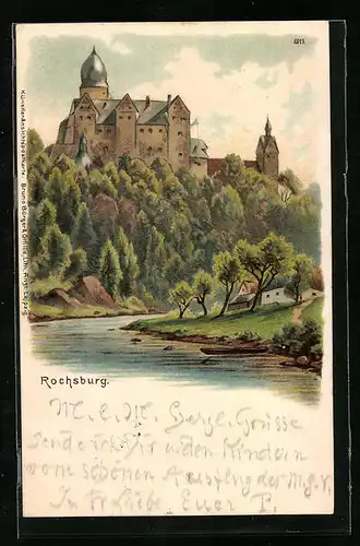 Lithographie Rochsburg, Blick zur Burg