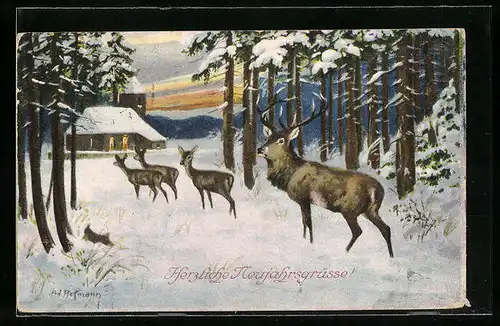 Künstler-AK Ad. Hoffmann: Herzliche Neujahrsgrüsse! Hirsch mit Hirschkühen im Winterwald