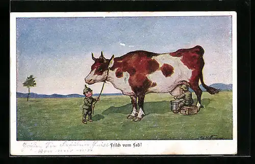 Künstler-AK Ad. Hoffmann: Frisch von Fass!, Zwei Soldaten melken eine Kuh